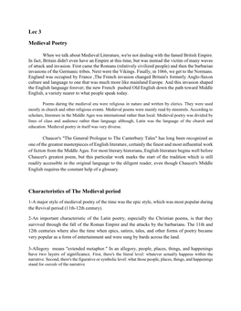 Lec 3 Medieval Poetry Characteristics of the Medieval Period