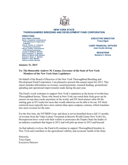 January 31, 2013 To: Andrew the M.Honorable Theof Cuomo, Stategovernor New of York Executive Summary 2012