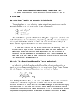 Active, Middle, and Passive: Understanding Ancient Greek Voice 1. Active Voice: 1.A. Active Voice, Transitive and Intransitive