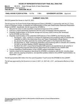 SB 2516 Water Storage North of Lake Okeechobee SPONSOR(S): Appropriations TIED BILLS: IDEN./SIM