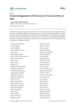 Acknowledgement to Reviewers of Sustainability in 2019 Sustainability Editorial Office MDPI, St