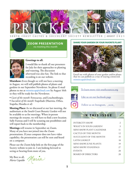Prickly News South Coast Cactus & Succulent Society Newsletter | August 2021
