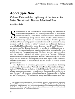 Apocalypse Now Colonel Klein and the Legitimacy of the Kunduz Air Strike Narratives in German Television Films