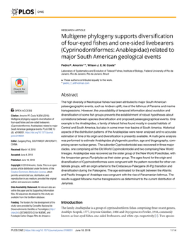 Cyprinodontiformes: Anablepidae) Related to Major South American Geological Events