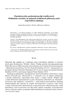 Charakterystyka Geobotaniczna Łąk Trzęślicowych Molinietum Caeruleae Na Polanach Śródleśnych Północnej Części Województwa Śląskiego