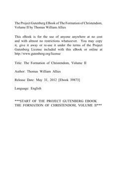 The Formation of Christendom, Volume II by Thomas William Allies