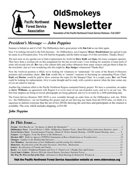 Newsletter Newsletter of the Pacific Northwest Forest Service Retirees—Fall 2007