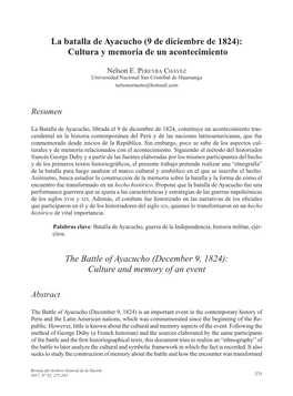 La Batalla De Ayacucho (9 De Diciembre De 1824): Cultura Y Memoria De Un Acontecimiento