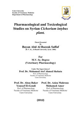 Pharmacological and Toxicological Studies on Syrian Cichorium Intybus Plant