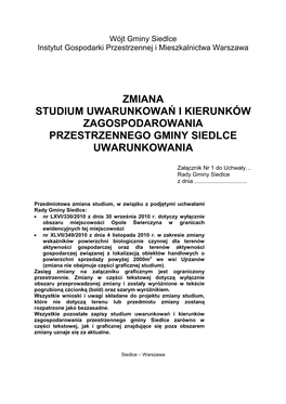 Zmiana Studium Uwarunkowań I Kierunków Zagospodarowania Przestrzennego Gminy Siedlce Uwarunkowania