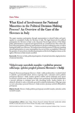 What Kind of Involvement for National Minorities in the Political Decision-Making Process? an Overview of the Case of the Slovenes in Italy