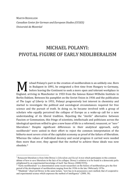 Michael Polanyi: Pivotal Figure of Early Neoliberalism