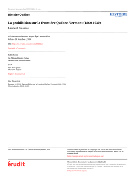 La Prohibition Sur La Frontière Québec-Vermont (1860-1930) Laurent Busseau