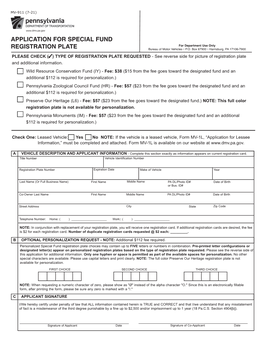 Application for Special Fund Registration Plate