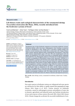 Life-History Traits and Ecological Characteristics of the Ornamental Shrimp Neocaridina Denticulata