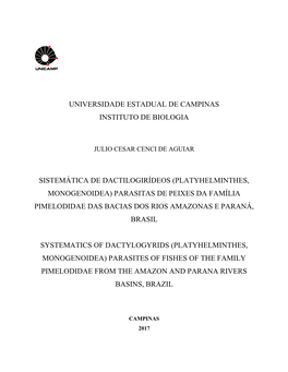 Platyhelminthes, Monogenoidea) Parasitas De Peixes Da Família Pimelodidae Das Bacias Dos Rios Amazonas E Paraná, Brasil