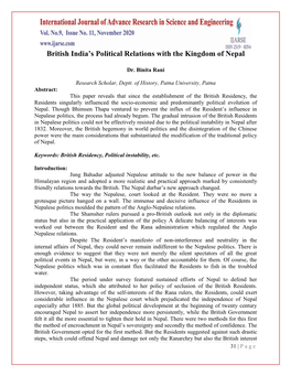 British India's Political Relations with the Kingdom of Nepal