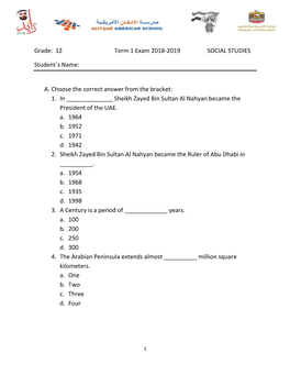 Grade: 12 Term 1 Exam 2018-2019 SOCIAL STUDIES Student`S Name