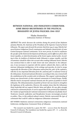 BETWEEN NATIONAL and INDIGENOUS COMMUNISM. SOME BROAD BRUSHTROKES in the POLITICAL BIOGRAPHY of JUSTAS PALECKIS: 1944–19531 Vl