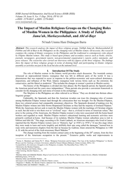 The Impact of Muslim Religious Groups on the Changing Roles of Muslim Women in the Philippines: a Study of Tabligh Jama’Ah, Markazosshabab, and Ahl Al-Bayt