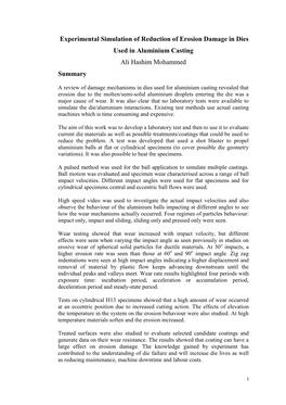 Experimental Simulation of Reduction of Erosion Damage in Dies Used in Aluminium Casting Ali Hashim Mohammed Summary