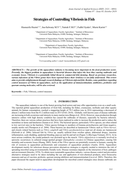 Strategies of Controlling Vibriosis in Fish