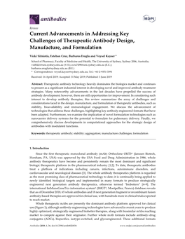 Current Advancements in Addressing Key Challenges of Therapeutic Antibody Design, Manufacture, and Formulation