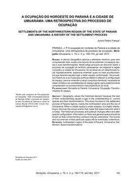 A Ocupação Do Noroeste Do Paraná E a Cidade De Umuarama: Uma Retrospectiva Do Processo De Ocupação