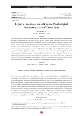 Legacy of an Anatolian Sufi from a Psychological Perspective: Case of Yunus Emre