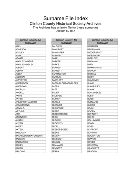 Surname File Index Clinton County Historical Society Archives the Archives Has a Family File for These Surnames January 17, 2013