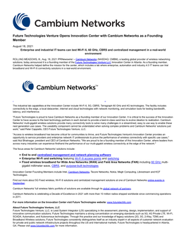 Future Technologies Venture Opens Innovation Center with Cambium Networks As a Founding Member