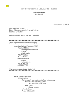 Oval #826: December 19, 1972 [Complete Tape Subject Log]