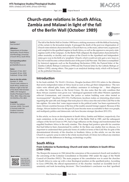 Church-State Relations in South Africa, Zambia and Malawi in Light of the Fall of the Berlin Wall (October 1989)
