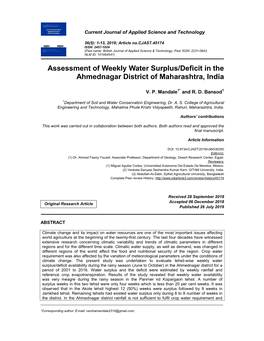 Assessment of Weekly Water Surplus/Deficit in the Ahmednagar District of Maharashtra, India