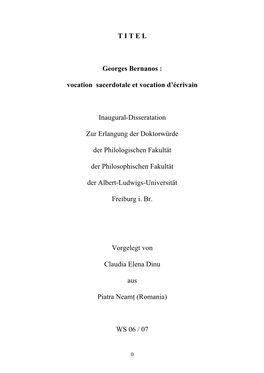 T I T E L Georges Bernanos : Vocation Sacerdotale Et Vocation D'écrivain