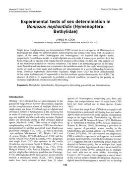 Experimental Tests of Sex Determination in Goniozus Nephantidis (Hymenoptera: Bethylidae)