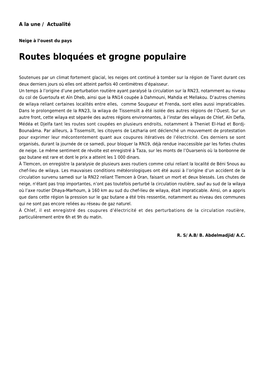 Routes Bloquées Et Grogne Populaire