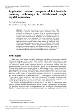 Application Research Progress of Hot Isostatic Pressing Technology in Nickel-Based Single Crystal Superalloy