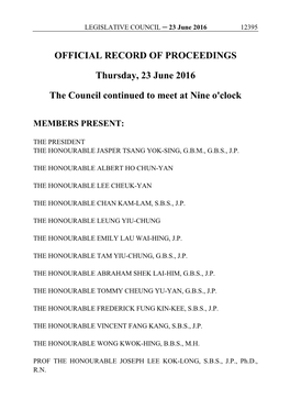 OFFICIAL RECORD of PROCEEDINGS Thursday, 23 June
