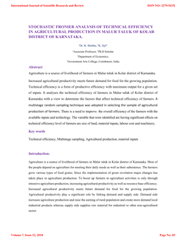 Stochastic Fronier Analysis of Technical Efficiency in Agricultural Production in Malur Taluk of Kolar District of Karnataka