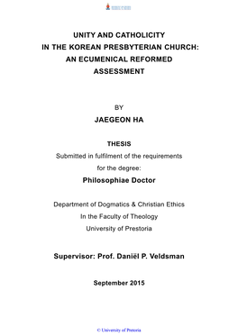 Unity and Catholicity in the Korean Presbyterian Church: an Ecumenical Reformed Assessment