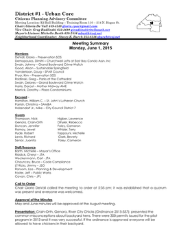 District #1 - Urban Core Citizens Planning Advisory Committee Meeting Location: Ed Ball Building – Training Room 110 – 214 N