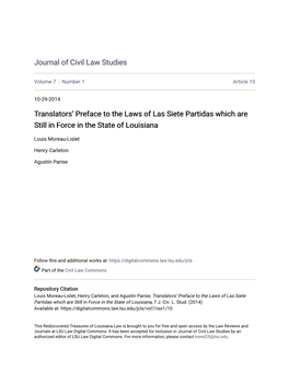 Translators' Preface to the Laws of Las Siete Partidas Which Are Still In