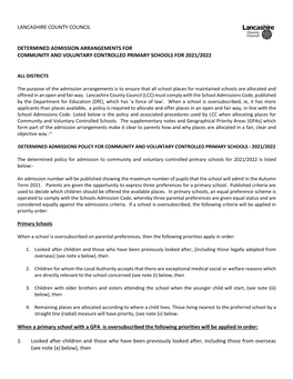 Determined Admission Arrangements for Community and Voluntary Controlled Primary Schools for 2021/2022