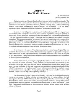 Chapter 4 the World of Usenet by Ronda Hauben Rh120@Columbia.Edu