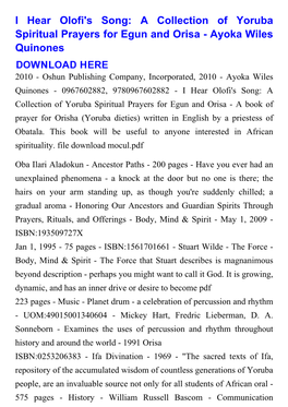 I Hear Olofi's Song: a Collection of Yoruba Spiritual Prayers for Egun and Orisa - Ayoka Wiles Quinones