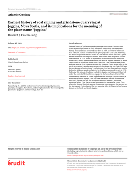 Earliest History of Coal Mining and Grindstone Quarrying at Joggins, Nova Scotia, and Its Implications for the Meaning of the Place Name "Joggins" Howard J