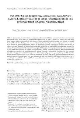 Diet of the Smoky Jungle Frog, Leptodactylus Pentadactylus, (Anura, Leptodactylidae) in an Urban Forest Fragment and in a Preserved Forest in Central Amazonia, Brazil