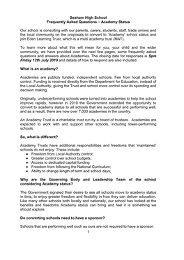 Academy Status Our School Is Consulting with Our Parents, Carers