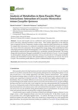 Analysis of Metabolites in Stem Parasitic Plant Interactions: Interaction of Cuscuta–Momordica Versus Cassytha–Ipomoea